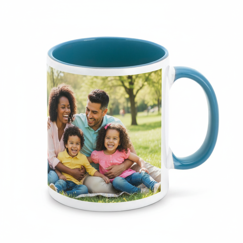 Kubek niebieski z rodzinnym zdjęciem